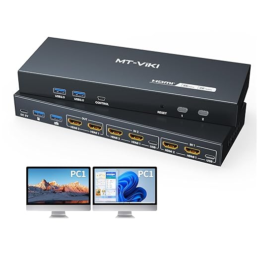 MT-Viki 8K 60Hz HDMI KVM Switch 2 Monitors 2 Computers, 4K 144Hz Dual KVM Switch HDMI with 4 USB 3.0 Port MT-KH822S