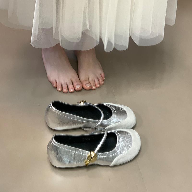

Blue cabinet, inner height increase splicing Mary Jane shoes 2025 spring and summer new round head shallow mouth commuting Velcro single shoes women 35 серебряный