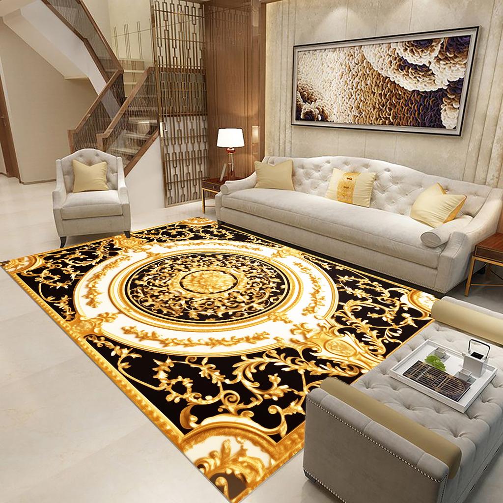 Goldener Schwarzer Teppich für Wohnzimmer Luxus Große Fläche Dekoration Bodenmatte Moderne Teppiche Rutschfest Weich Waschbar Schlafzimmer Lounge Teppich