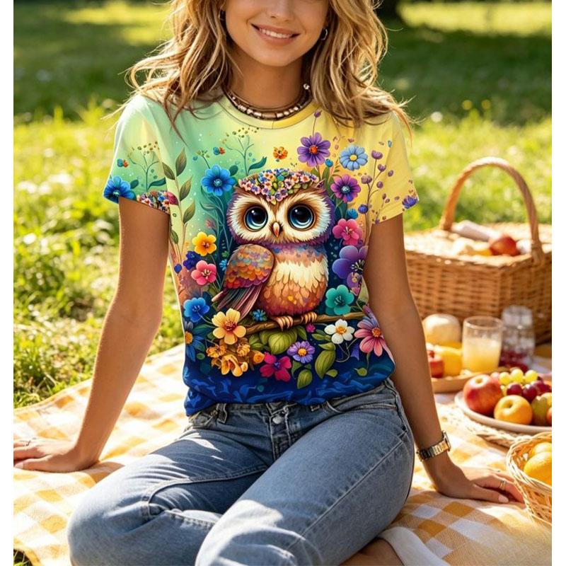 Summer Owl Animal 3D Print T-Shirts Summer Women's Casual Short Sleeve Round Neck T Shirt Harajuku Tees Tops Female Clothing