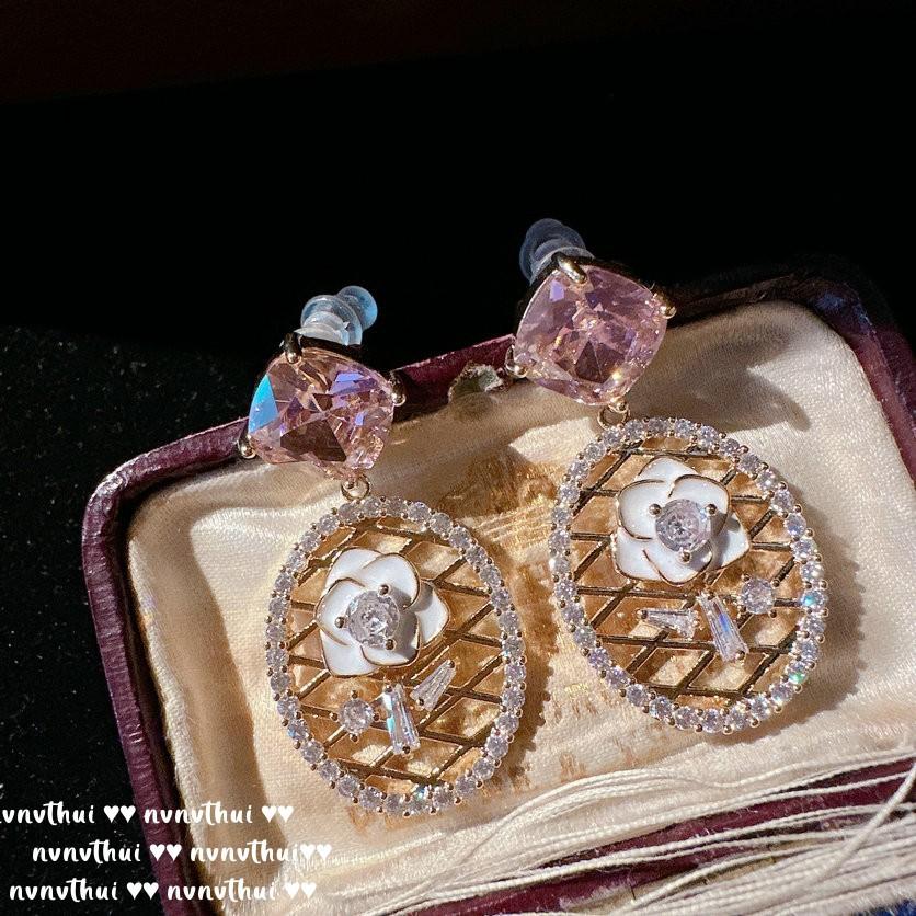 Papalacha Pink Water Drop Gemstone Chain Earrings, Princess On The Run, Plated With 18K Gold Rainbow Flower Zircon Earrings.