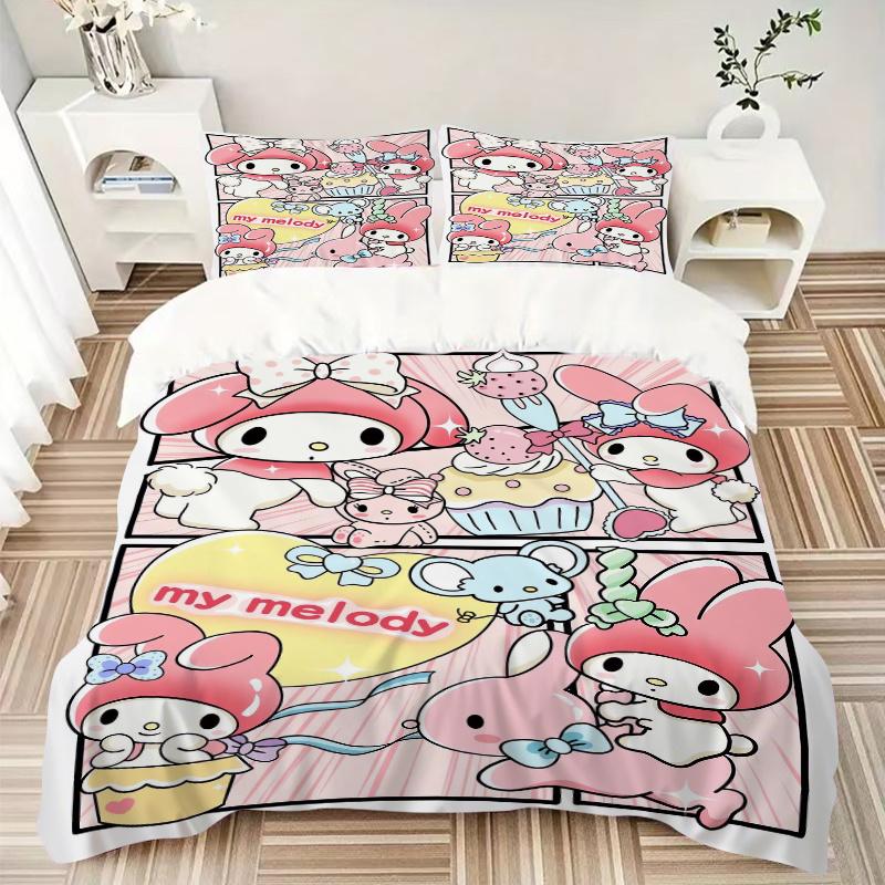 3pcs Pink My Melody Printed Quilt Set Soft and Comfortable Quilt Cover for Bedroom, Guest Room Bedding Set W073