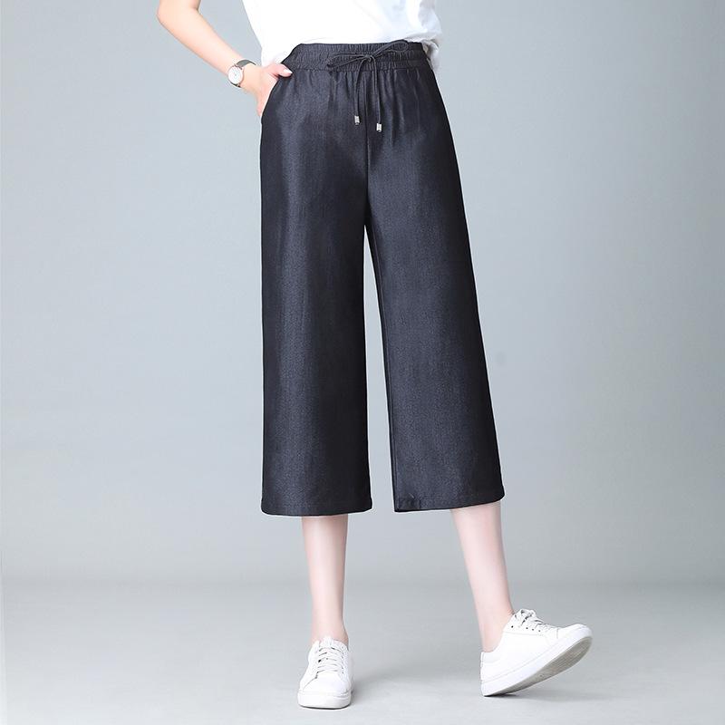 Summer New Style Cropped Wide-leg Pants Women's Thin Ice Silk Plus Fat Plus Size Elastic Waist Loose Women's Pants