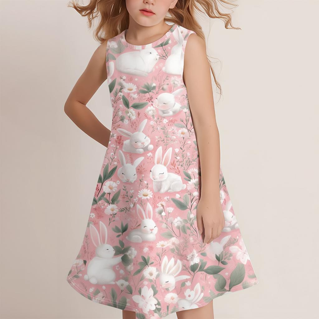Dívčí módní ležérní šaty bez rukávů s kulatým výstřihem a velikonočním potiskem
