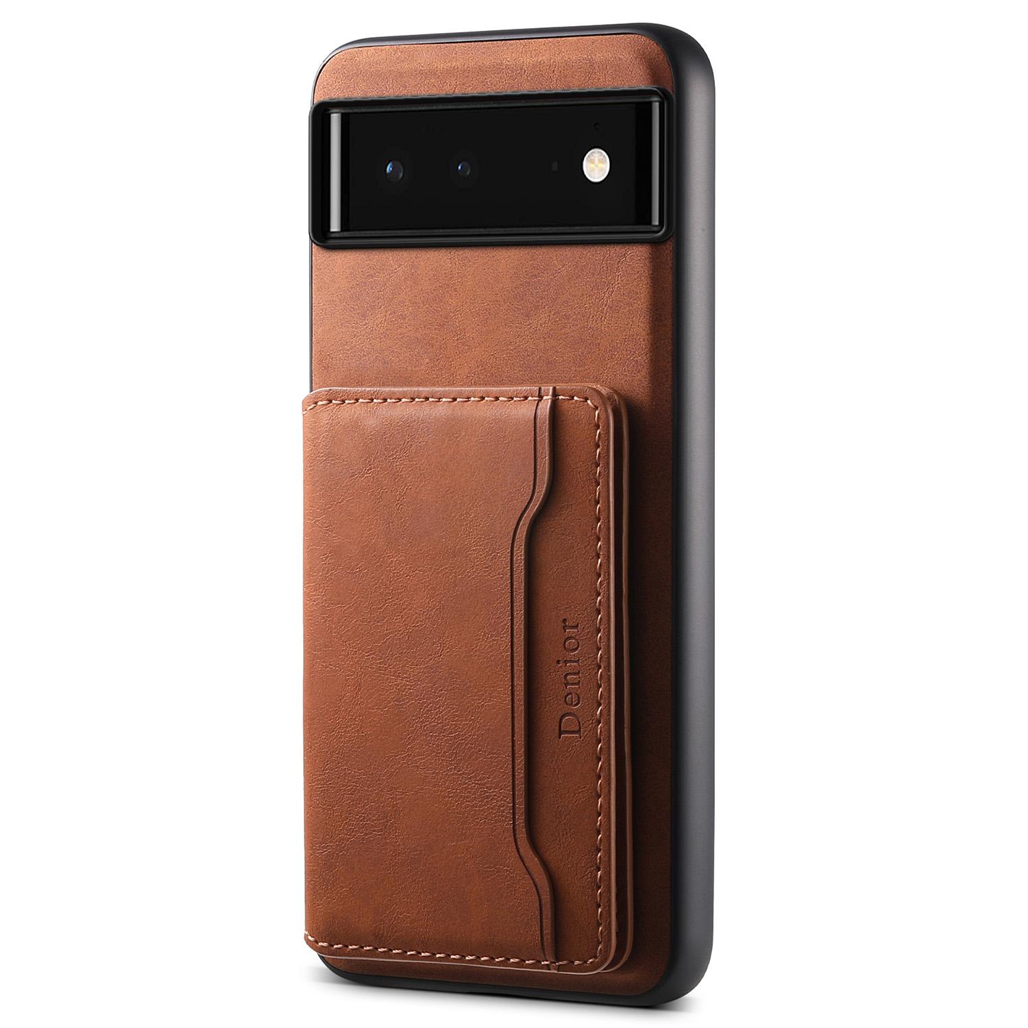 

DENIOR D13 For Google Pixel 6 Case Leather+PC+TPU Phone Cover Detachable Card Bag Kickstand Brown