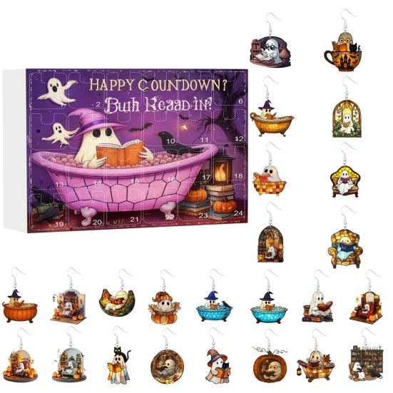Yousheng Halloween Advent Calendar for Girls 24 Days Countdown Calendar with 24 Pcs Ghost Reading Book Earrings for Halloween Party Supplies
