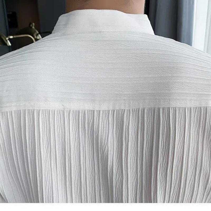 Men's Clothing Spring Autumn Solid Color Long Sleeve Round Neck Button Up Cardigan Shirt Preppy Style Boyfriend Classic Tops