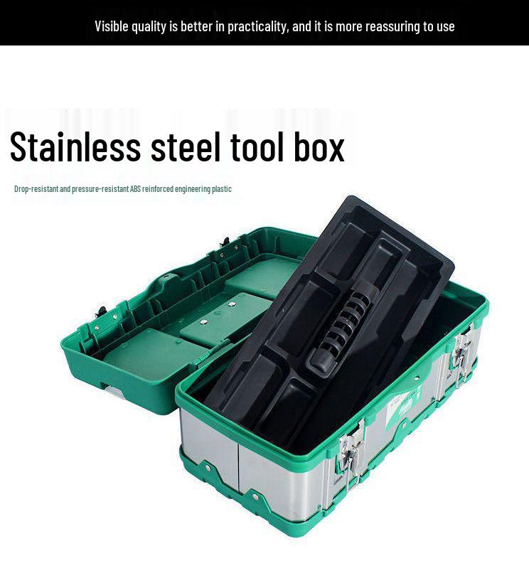 Extragroße Edelstahl-Multifunktions-Werkzeugkiste, tragbar, mit Fahrzeugmontage-Aufbewahrung