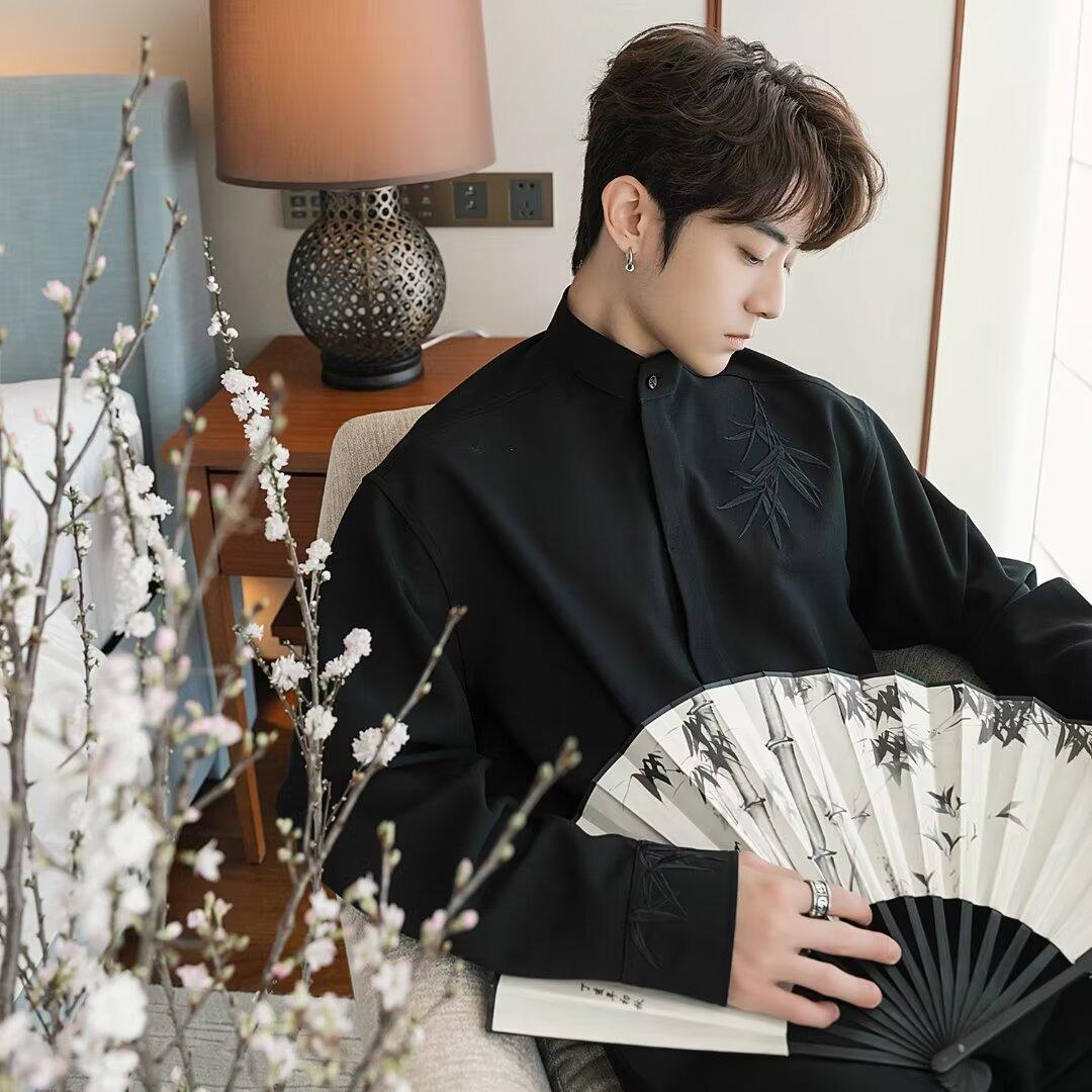 

Товары Wukong, новая рубашка с длинным рукавом в китайском стиле с вышивкой из бамбука, мужская и женская рубашка свободного покроя в стиле Тан на весну и осень 3XL чёрный