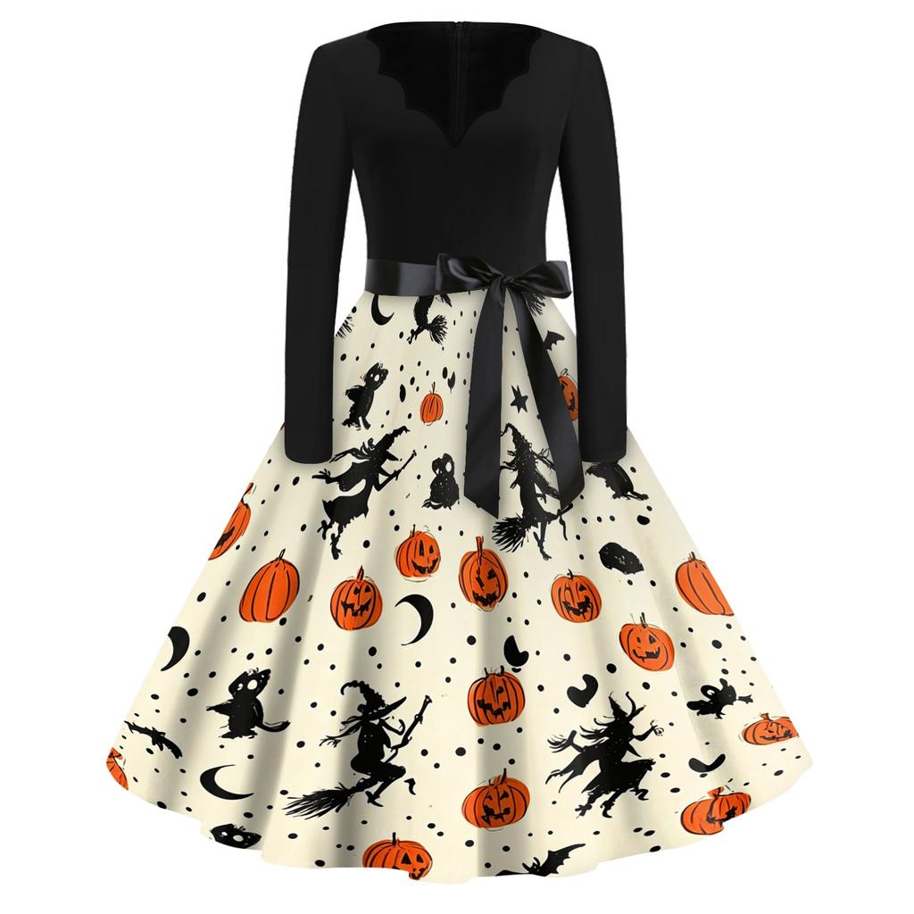 Women's Casual Vintage V Neck Dress Halloween Printed Long Sleeve Retro Style Pumpkin Bat Pattern Full Skirt Dress with Waist Tie