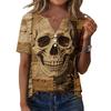 Women V Neck Short Sleeve Skull Print Tops Casual Holiday Graphic Tees Loose Fit Distressed Style T Shirt Blouses