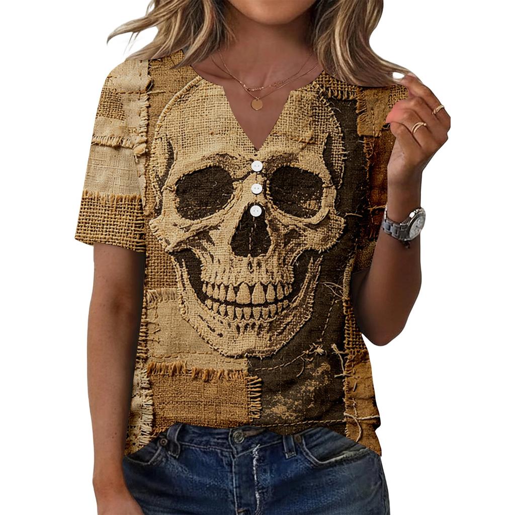 Women V Neck Short Sleeve Skull Print Tops Casual Holiday Graphic Tees Loose Fit Distressed Style T Shirt Blouses