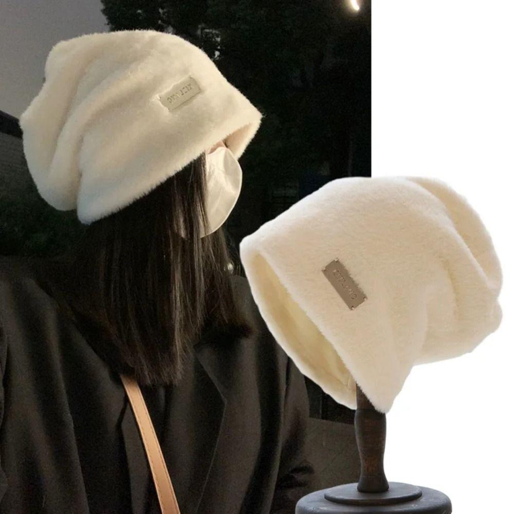 Korean Style Fleece Wool Skullies Thickened Warm Wool Cap Soft Letter Pullover Hats  Keep Warm