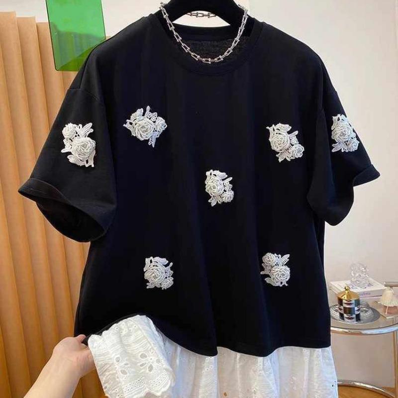 Women Summer Round Neck Short Sleeve 3D Floral Lace Applique Loose Casual Cotton T Shirt