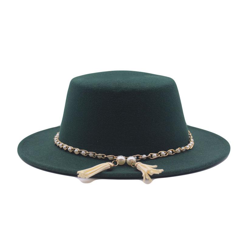 European, American and British Style Retro Fringed Pearl Chain Woolen Felt Hat Wide Brim Top Hat Flat Top Lady Hat Trendy Girl