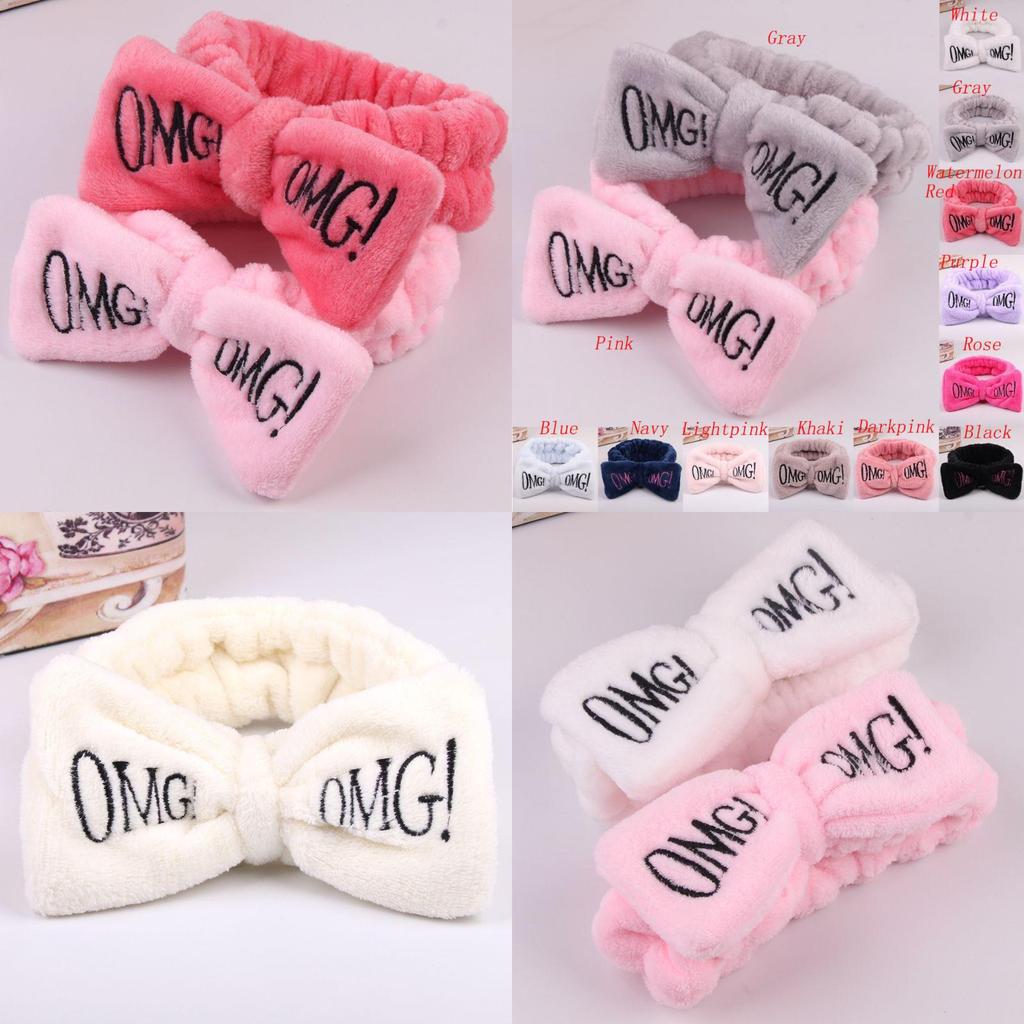 Versatile Candy Color Omg Letters Bow Headband Coral Fleece For Daily Facial Routines