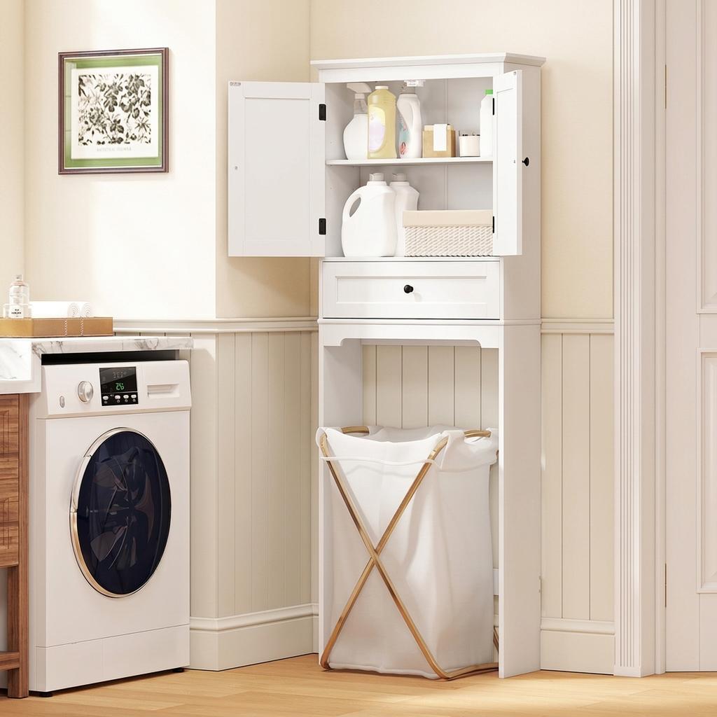 Toilet Storage Unit, Bathroom Cabinet, 2 Doors, Drawer, Adjustable Shelf, White