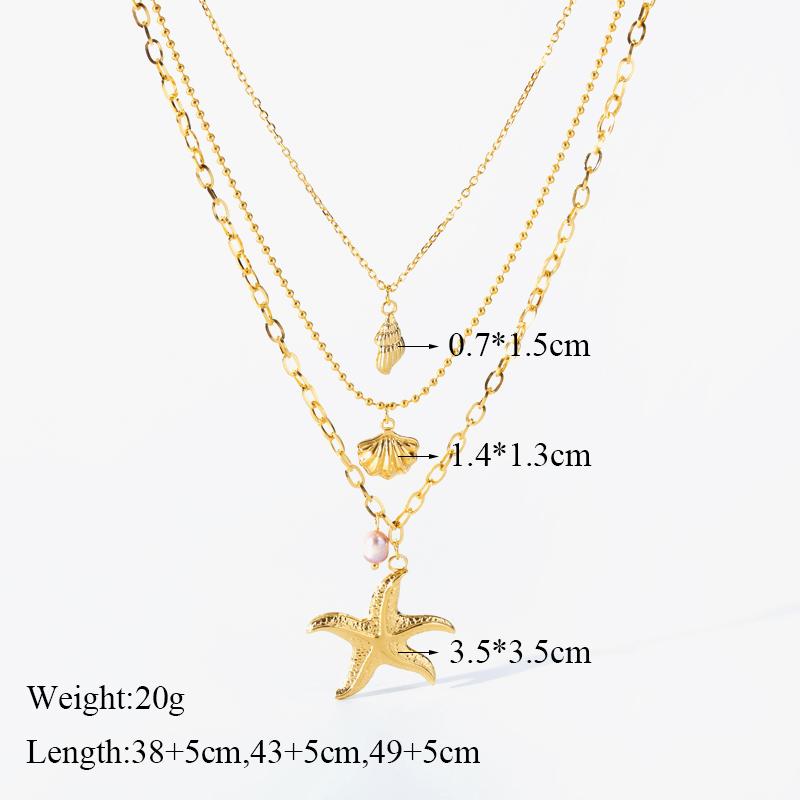Stainless Steel Starfish Conch Shells Pearl Pendant Necklace For Women New 3in1 Choker Chains Jewelry Lady Gift
