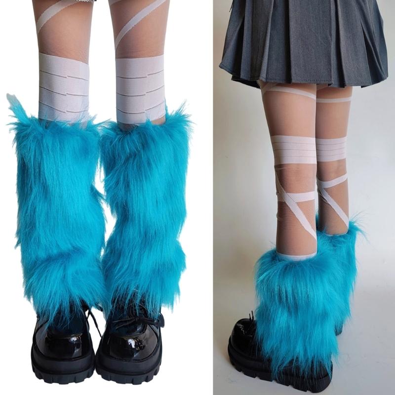 Women's Fuzzy Bright Blue Leg Warmers Soft Plush Winter Accessory for Costume Parties Furry Boot Toppers Footless Socks