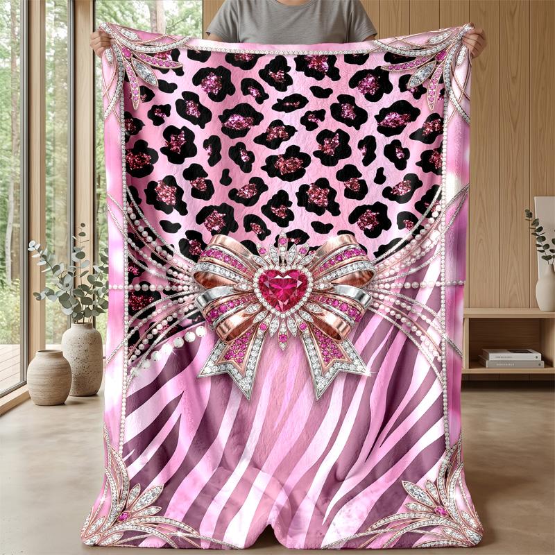 Pink Animal Print Bow Theme Blanket Lightweight Warm Flannel Blanket Decorative Throw Blanket for Home Decoration