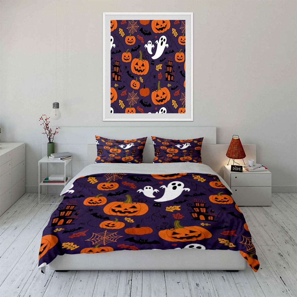 Halloween Pumpkins and Ghosts Bedding Duvet Cover Set Duvet Cover Pillowcases  (1*Duvet Cover 2*Pillowcases, without duvet insert)
