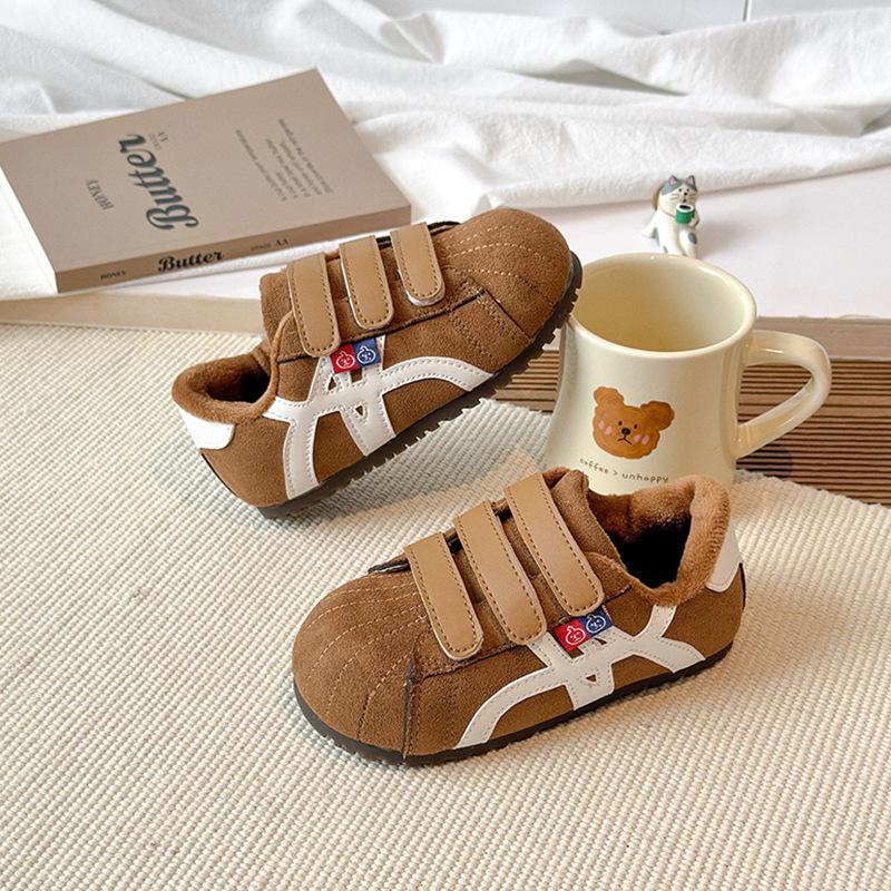 Children's cotton shoes for older kids, new autumn and winter models, girls' plush-lined non-slip leather panel shoes, boys' casual warm shoes