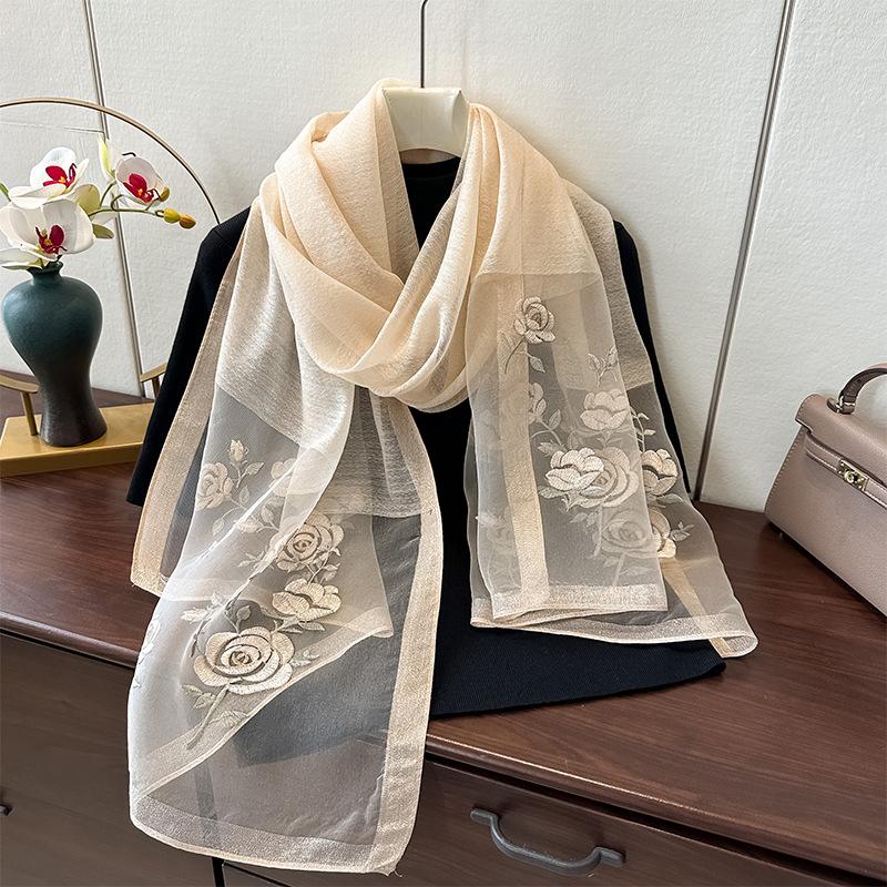 Simulation Silk Handmade Embroidered Scarf Spring And Autumn High-End Foreign Silk Scarf Femininity Easy To Match Decorative Shawl