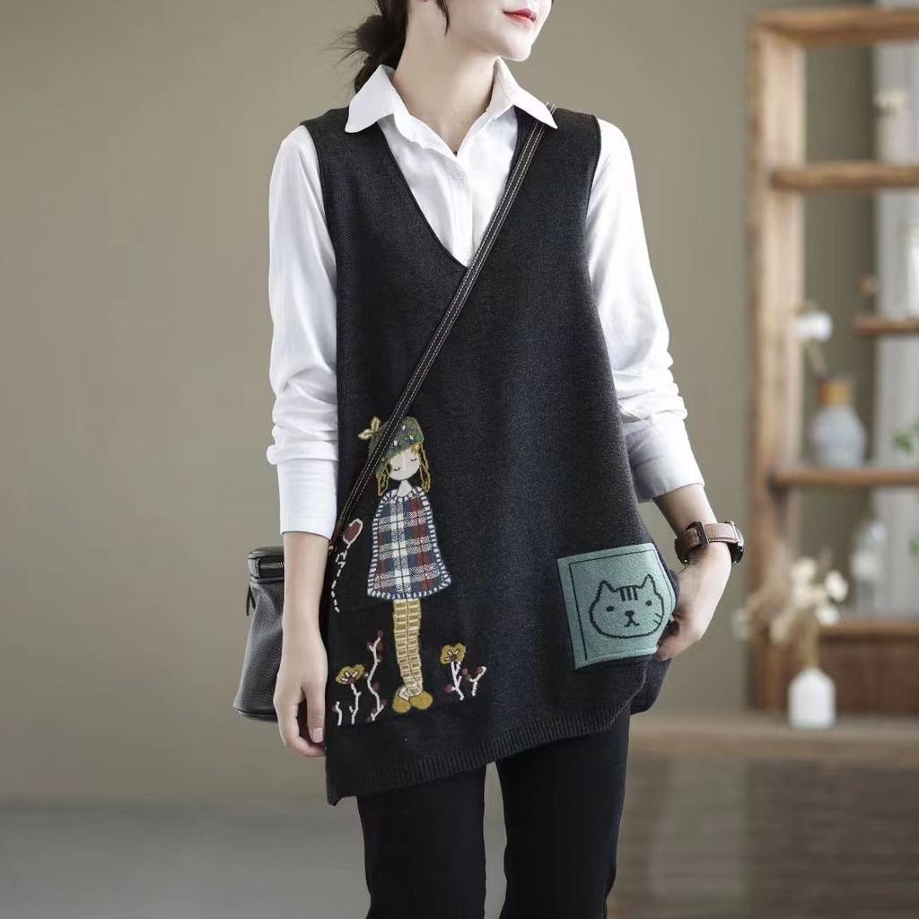 Retro Literature and Art Spring Autumn Winter Women's Pullover V-neck Patchwork Pockets Sweate Fashion Casual Elegant Sleeveless Vest Tops