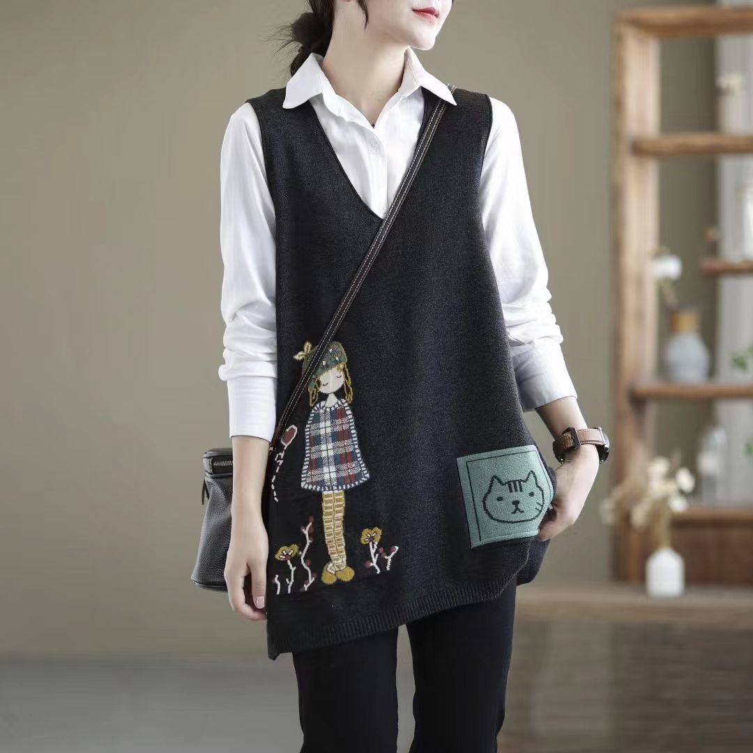 Ретро Литература и искусство Весна Осень Зима Женский свитер V-образный вырез Лоскутные карманы Свитшот Модный повседневный элегантный безрукавный жилет Топы L 3000₽