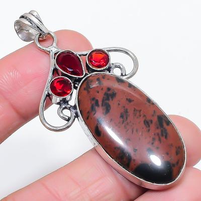 Natürlicher Mahagoni-Obsidian, Granat 925 Sterling Silber Schmuck Anhänger 2,56" d8A92