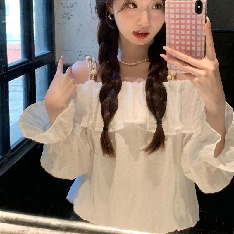 Off-the-shoulder Shirring Women's Shirt Strap with Round Beads Ruffle Edge Lantern Sleeve Blouse Spring New version Sweet Woman Top