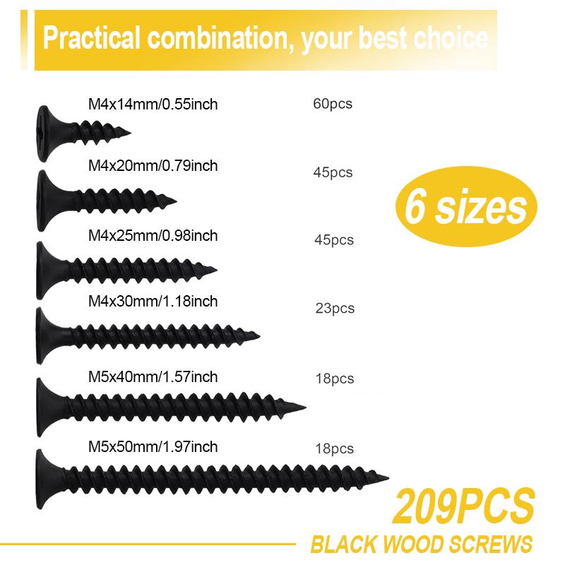 209Pcs Black Wood Screw Combination, M4M5 Cross Wood Screw Set