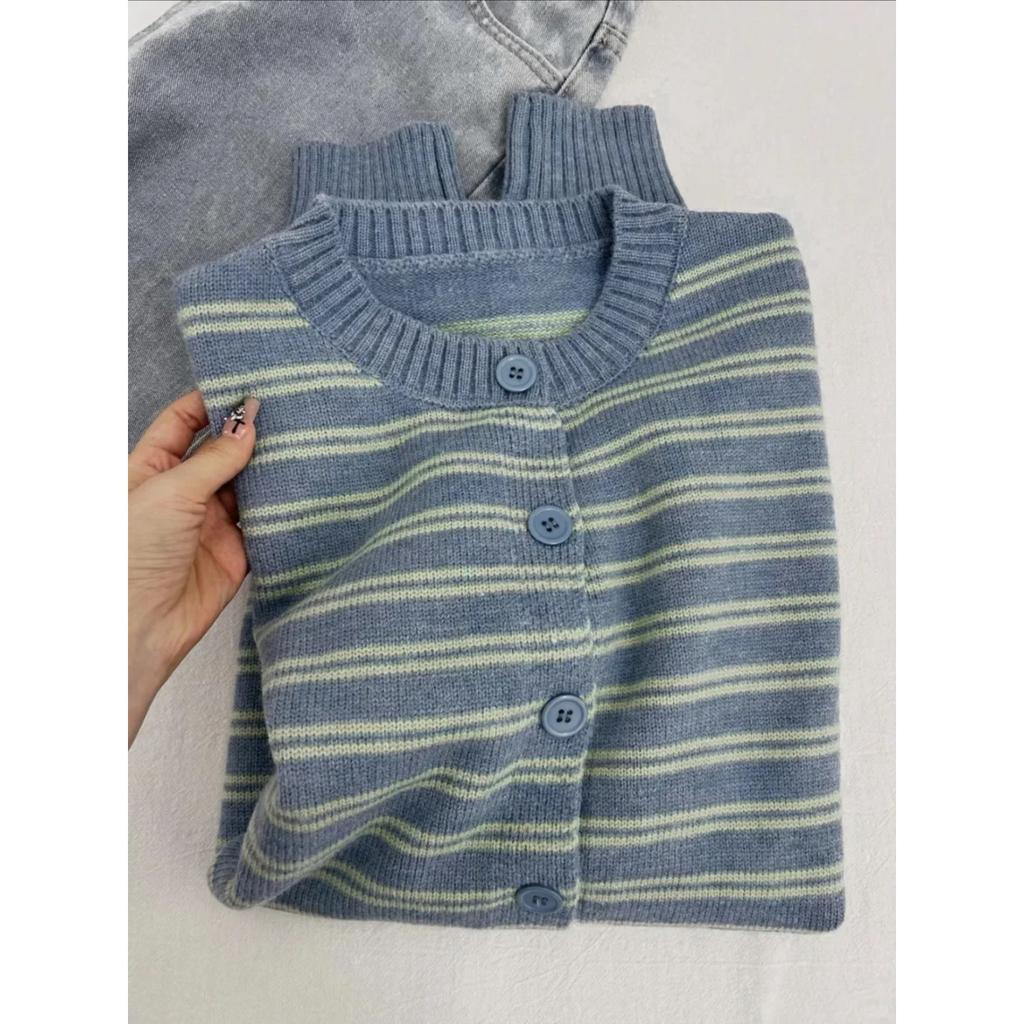 Contrasting Striped Knitted Cardigan Women's Autumn and Winter 2025 New Single-breasted Long-sleeved Sweater Niche Soft Waxy Coat Top