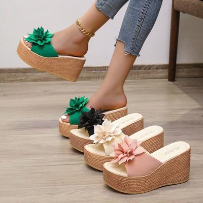 Foreign Trade Muffin Bottom Summer Slippers Women's New Flower Thick Bottom Wedge Heel Large Size Women's Slippers 2025