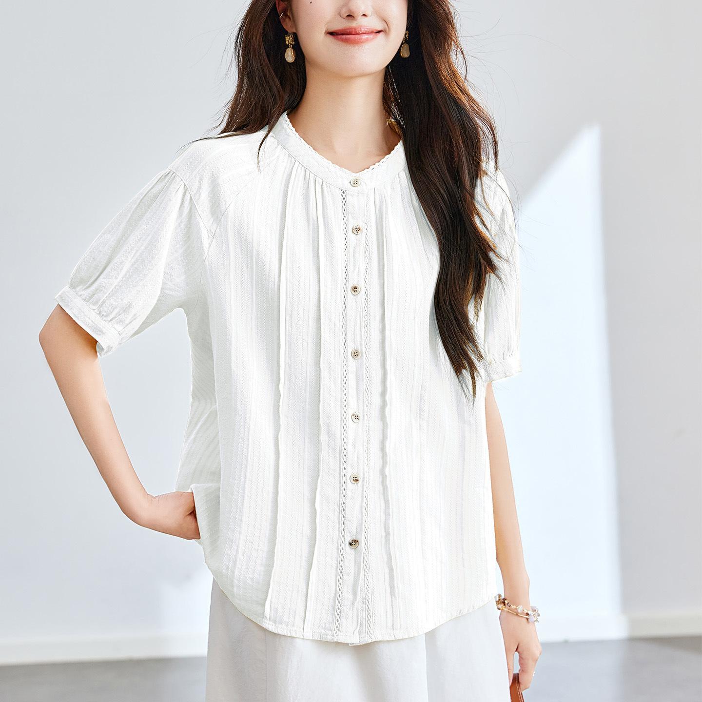 

Accordion Pleated Goose Yellow Short-sleeved Shirt for Women In Summer New Texture and Temperament Versatile Small Shirt XL