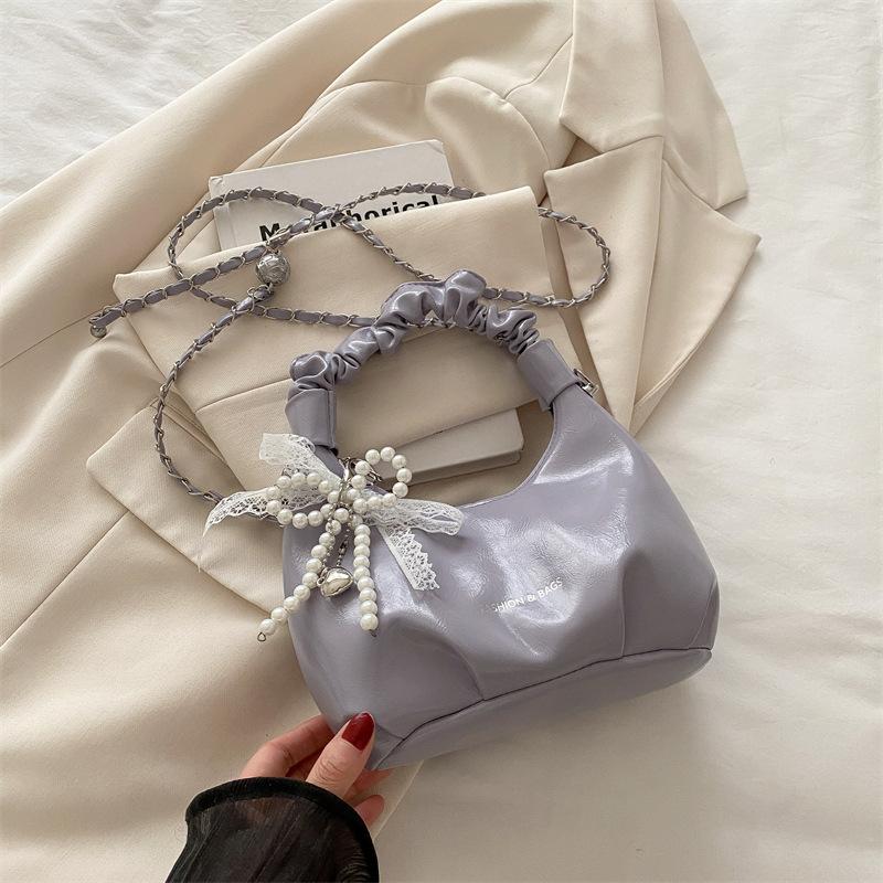 

Beaded bow solid color 2 new casual simple design chain fold work small carry handbag bag woman
