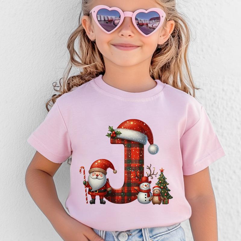Personalized Kids Christmas T-shirt with A-Z Alphabet Print, Santa Hat Design for Boys & Girls