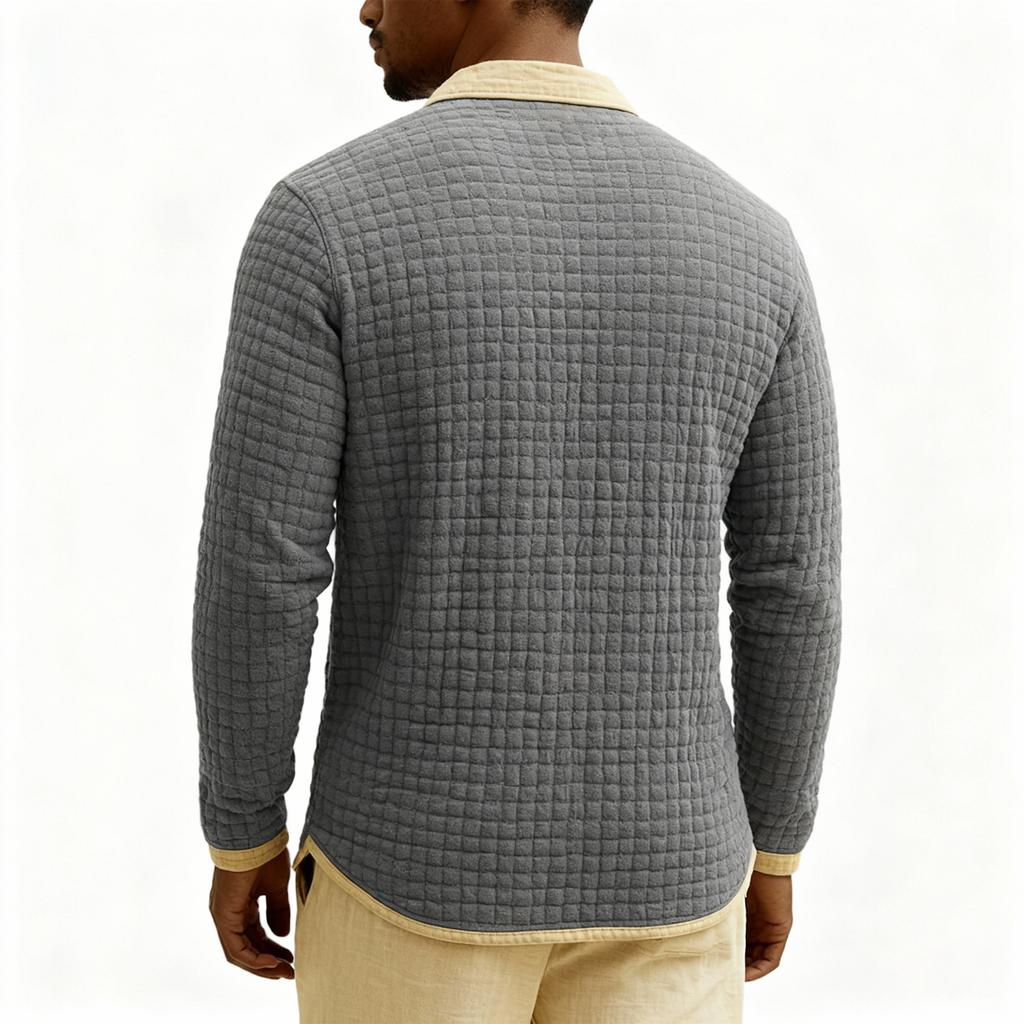 Men's Quilted Knit Color-blocked Pullover Button-down Top