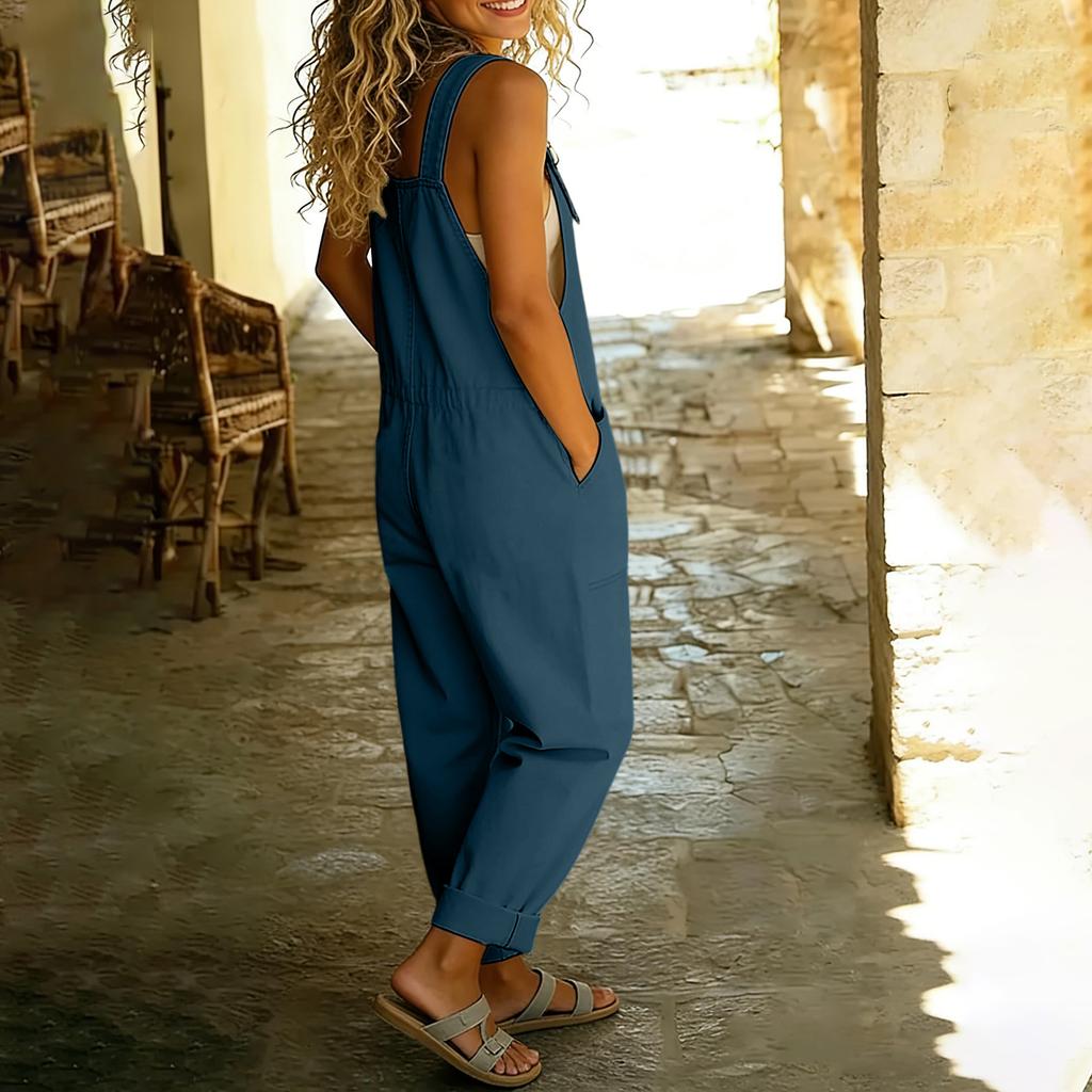 Γυναικείο Casual Φαρδύ Τζιν Ολόσωμο Φόρεμα Jumpsuit με Ρυθμιζόμενα Τιράντες και Κουμπιά Μπροστά για Καθημερινή Χρήση