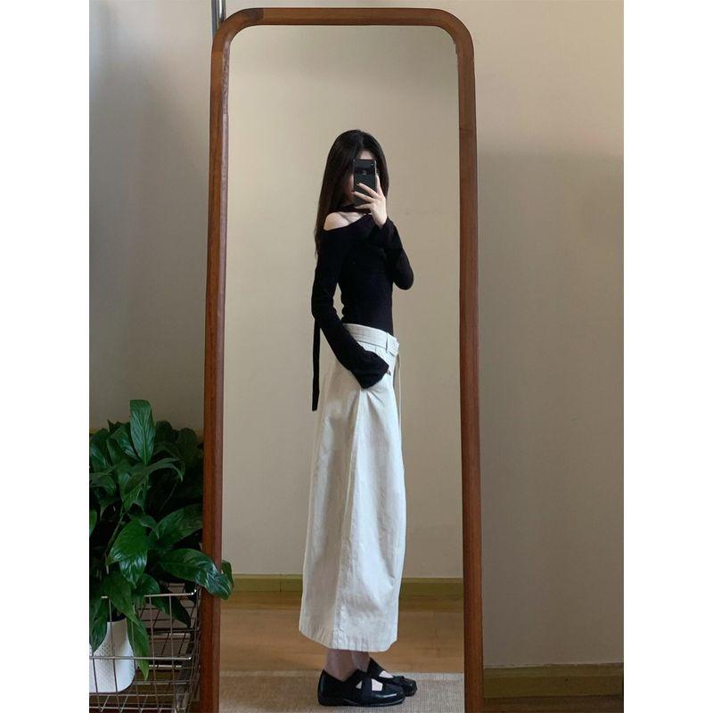 Kumikumi Fashion Set Ribbon Slim fit Long sleeves Shirt Women Autumn High Waist Skirt Flower Bud Skirt Two-piece Set