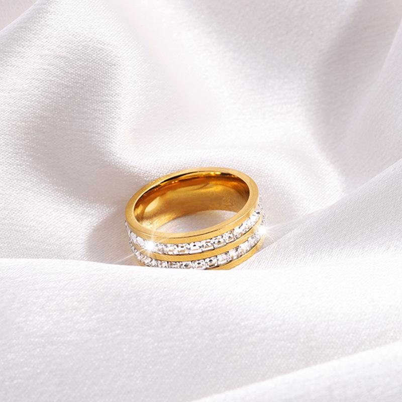 Stainless Steel Double-row Small Square-cut Diamond Ring - Fashionable and Luxurious Full-set Star End Ring for Women, Versatile Finger Ring