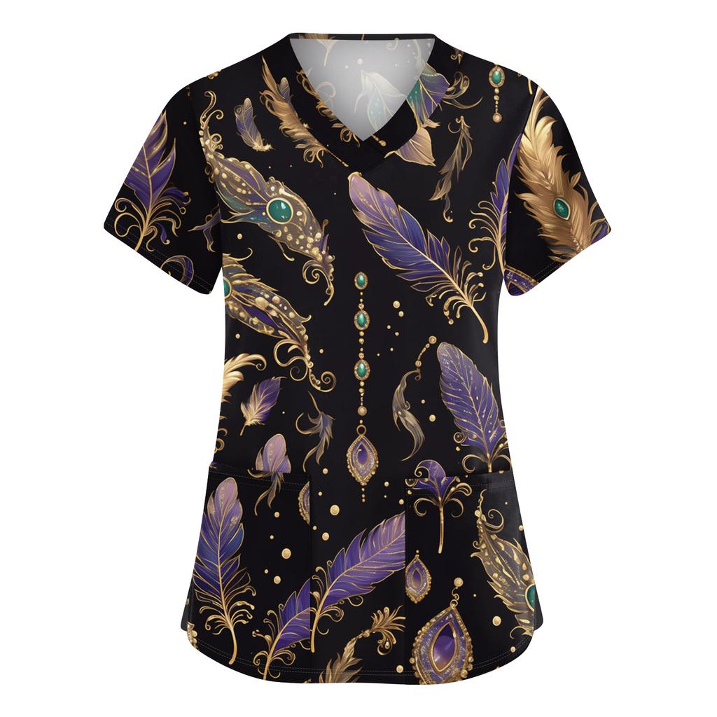 Women's Cute Printed Work Clothes V-neck Double Layer Pockets Basic Short Sleeve Top Pullover