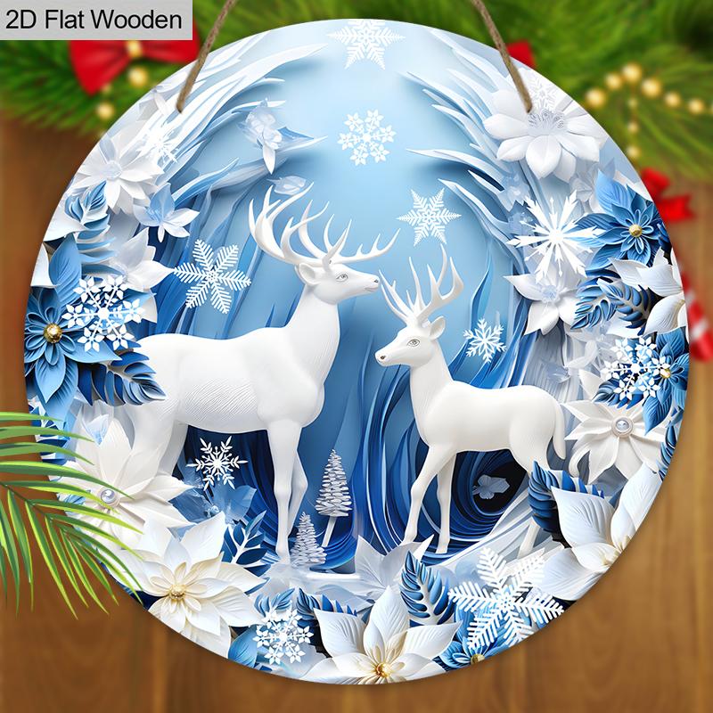 Warm Winter Wooden Christmas Sign with White Elk Pattern - Navidad Round Sign for Balcony, Front Door, Wall Hanging Decor - Ideal Christmas Decoration