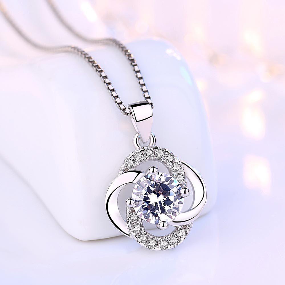Silver-Plated Lucky Four-Leaf Clover Necklace Pendant, Female Zircon Necklace, Female