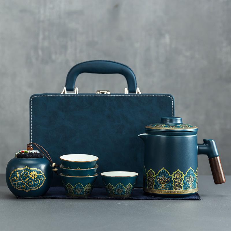 Portable ceramic one pot four cups travel tea set portable tea pot tea cup small set business gift express cup