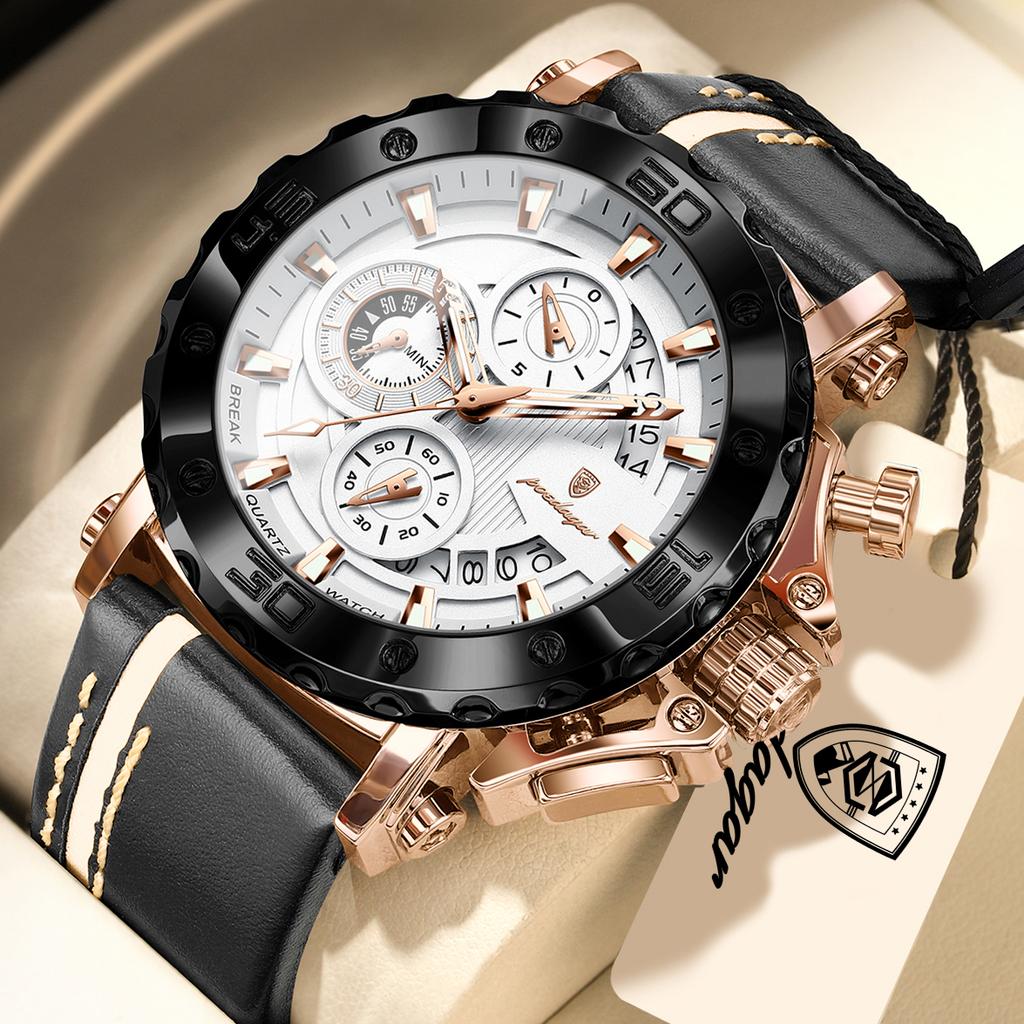 POEDAGAR Sportuhren für Herren Wasserdicht Leuchtend Datum Uhr Chronograph Leder Quarz Funktionell Armbanduhr Reloj