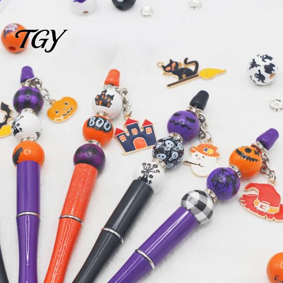 Handmade Wooden Writing Pens 6PCS Halloween Beadable Pen Kit, DIY Ballpoint with Pumpkin Witch Unique Ghost Theme Beads, Creative Smooth for