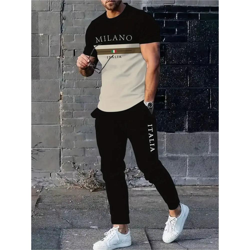 Color Block Letter Men's Set, Three-color Patchwork Short-sleeved Shirt And Long Pants, Simple And Casual