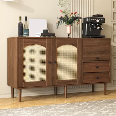 Country Style Sideboard with Rattan Doors, 130 X 75.5 X 40cm Magnetic Closure, Adjustable Shelves, Sturdy Structure, Versatile Design