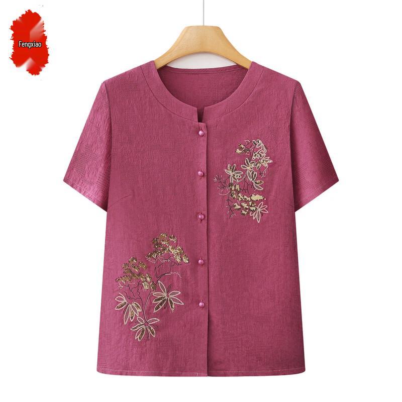 Elegant Embroidered Short Sleeve Outfit for Senior Women 2XL